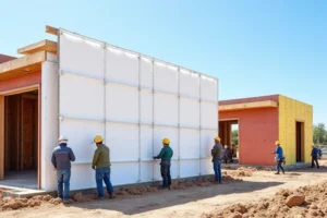 A construction site where workers are installing large 3D wall panels (with white foam core and wire mesh) to form a house wall, while another section shows colorful sandwich panels being attached to a steel frame structure, clear sky above