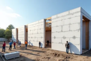 A construction site where workers are installing large 3D wall panels (with white foam core and wire mesh) to form a house wall, while another section shows colorful sandwich panels being attached to a steel frame structure, clear sky above