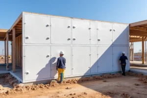 A construction site where workers are installing large 3D wall panels (with white foam core and wire mesh) to form a house wall, while another section shows colorful sandwich panels being attached to a steel frame structure, clear sky above